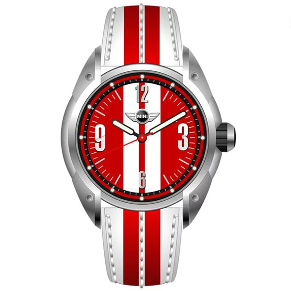 【MINI Swiss Watches 】石英錶 45mm 紅底白條錶面 紅白皮錶帶