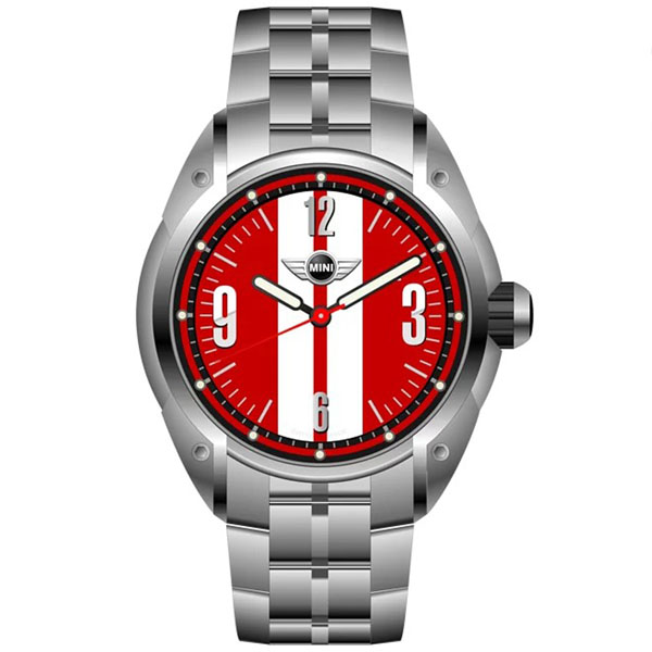 【MINI Swiss Watches 】石英錶 45mm 紅底白條錶面 不銹鋼錶帶