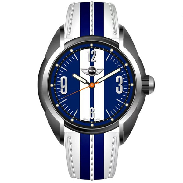 【MINI Swiss Watches 】石英錶 38mm 藍底白條錶面 藍白真皮錶帶