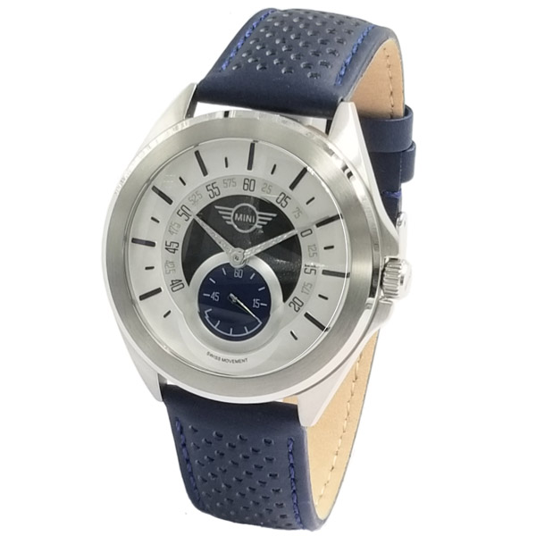 【MINI Swiss Watches 】石英錶 44mm 白底單眼錶面 藍色網眼皮錶帶