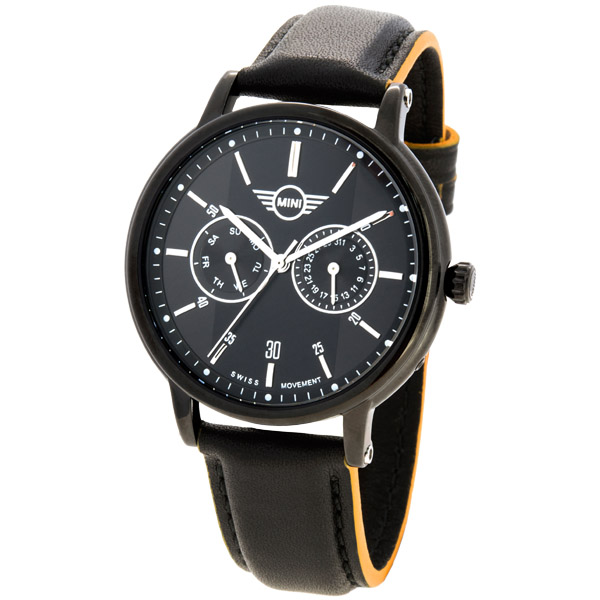 【MINI Swiss Watches 】石英錶 43.5mm 黑底二眼錶面 黑色黃邊皮錶帶