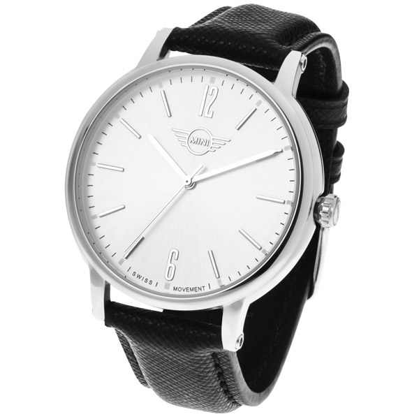 【MINI Swiss Watches 】石英錶 43.5mm 白錶面 黑色皮錶帶