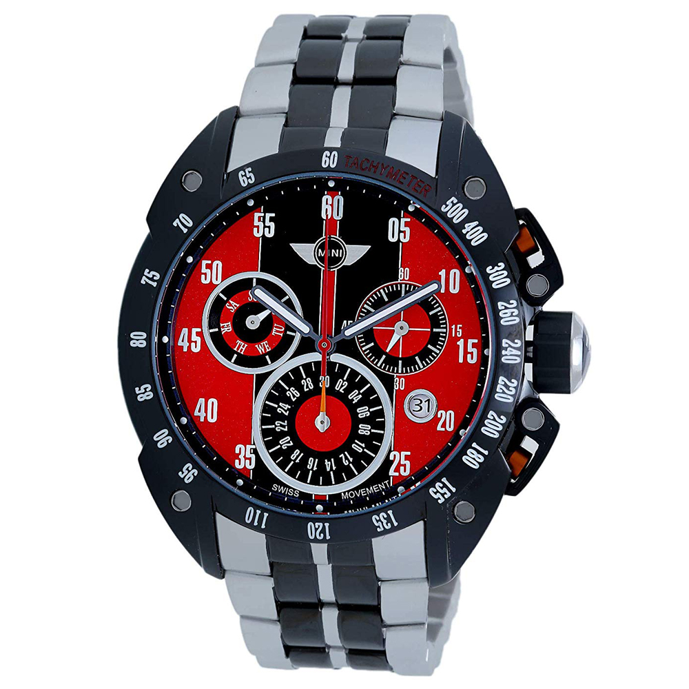【MINI Swiss Watches 】石英錶 47mm 紅黑三眼錶面 不銹鋼錶帶