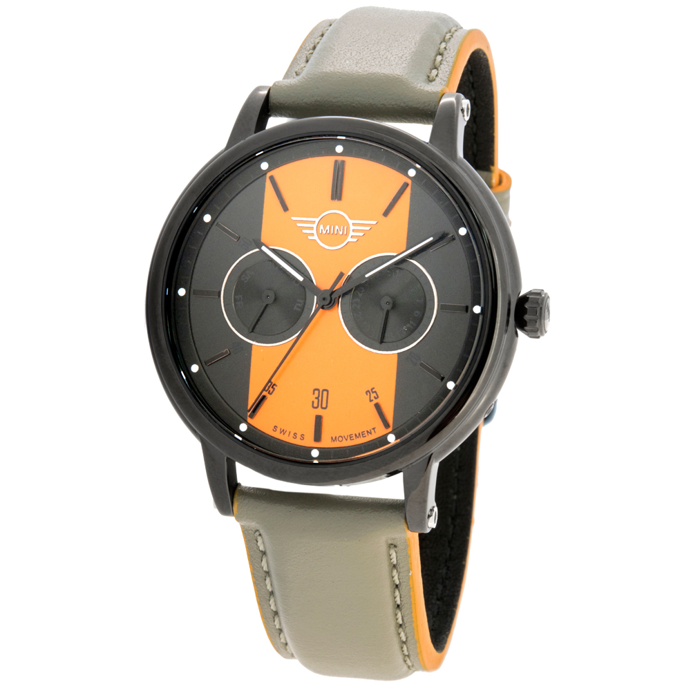 【MINI Swiss Watches 】石英錶 43.5mm 黑底黃條二眼錶面 灰色皮錶帶
