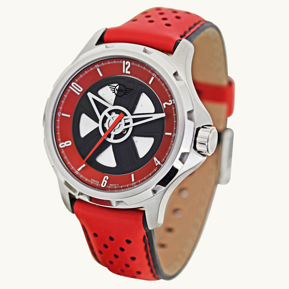 【MINI Swiss Watches 】石英錶 44mm 紅底方向盤錶面 紅色透孔皮錶帶