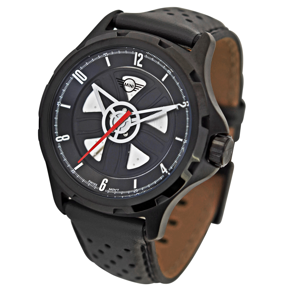 【MINI Swiss Watches 】石英錶 44mm 黑底方向盤錶面 黑色透孔皮錶帶