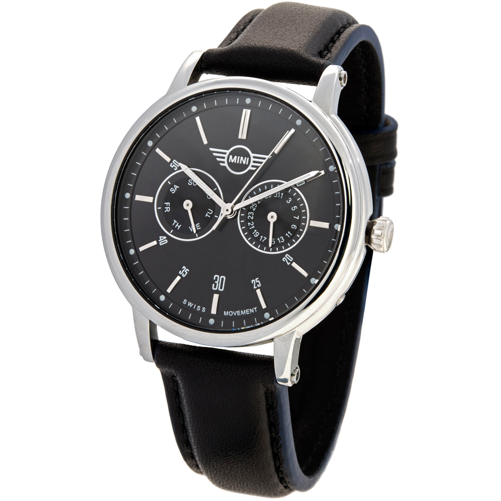 【MINI Swiss Watches 】石英錶 43.5mm 黑色二眼錶面 黑色皮錶帶