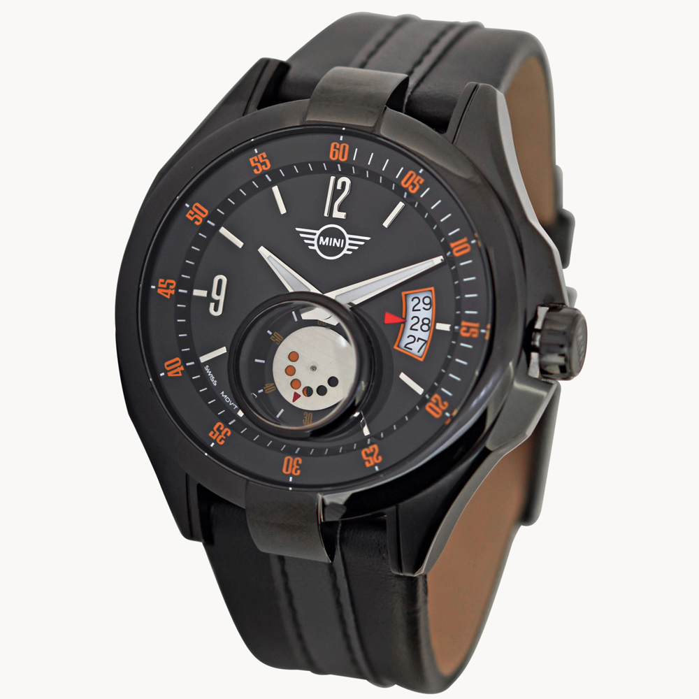 【MINI Swiss Watches 】石英錶 45mm 黑底橘數字錶面 黑色皮錶帶