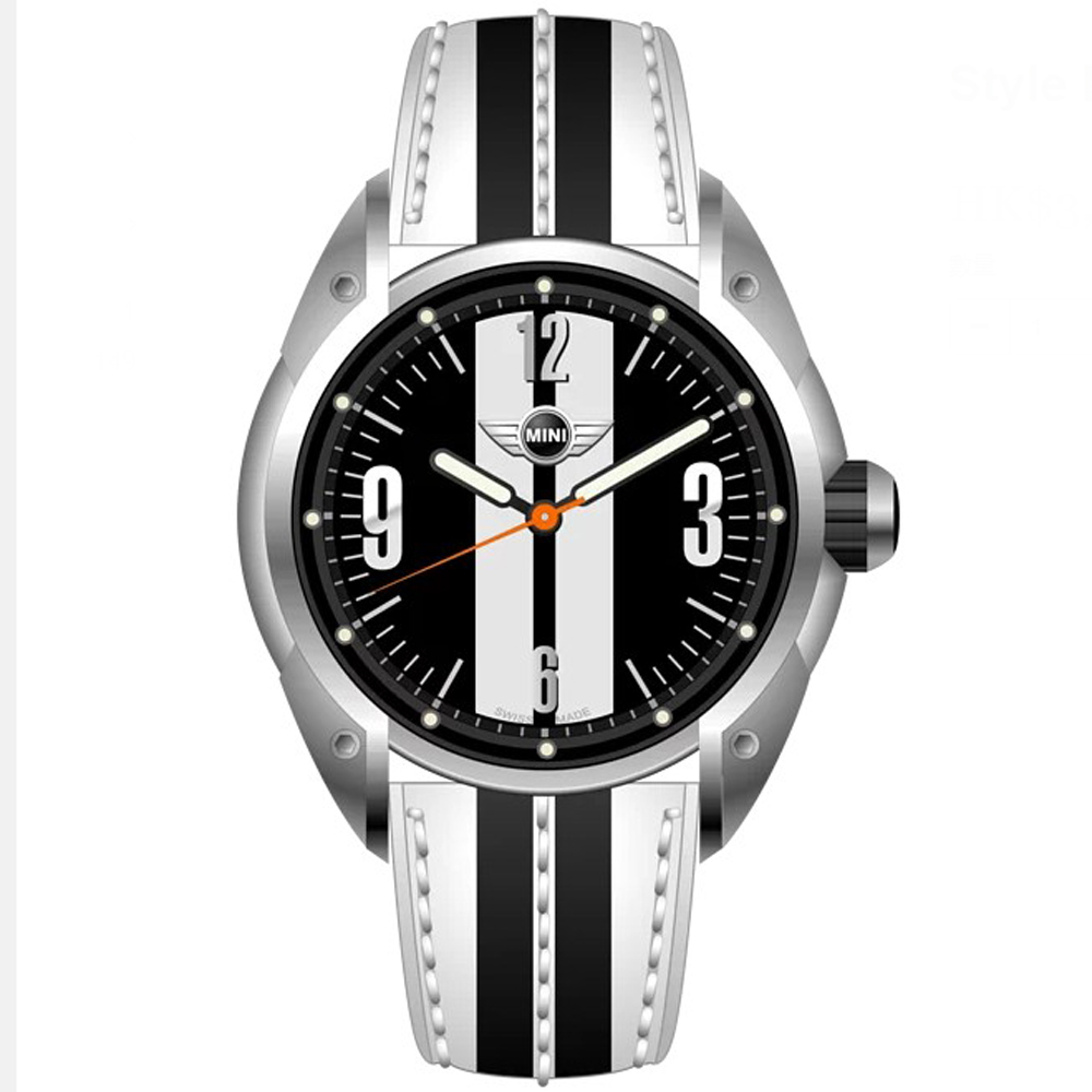 【MINI Swiss Watches 】石英錶 45mm 黑底白條錶面 黑白皮錶帶