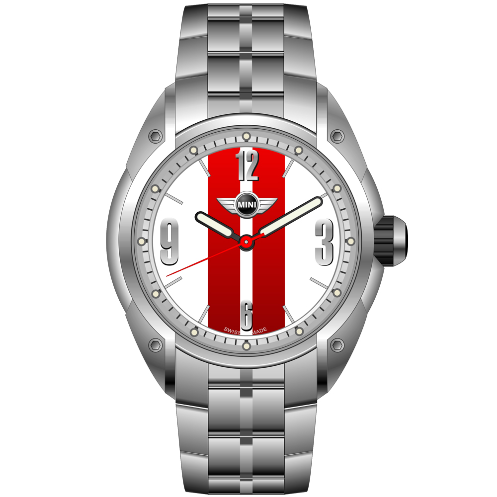 【MINI Swiss Watches 】石英錶 45mm 白底紅條錶面 不銹鋼錶帶