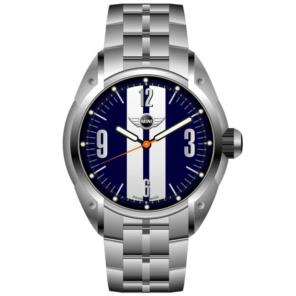 【MINI Swiss Watches 】石英錶 45mm 藍底白條錶面 不銹鋼錶帶