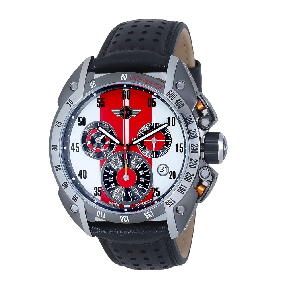 【MINI Swiss Watches 】石英錶 47mm 紅白三眼錶面 黑色透孔皮錶帶