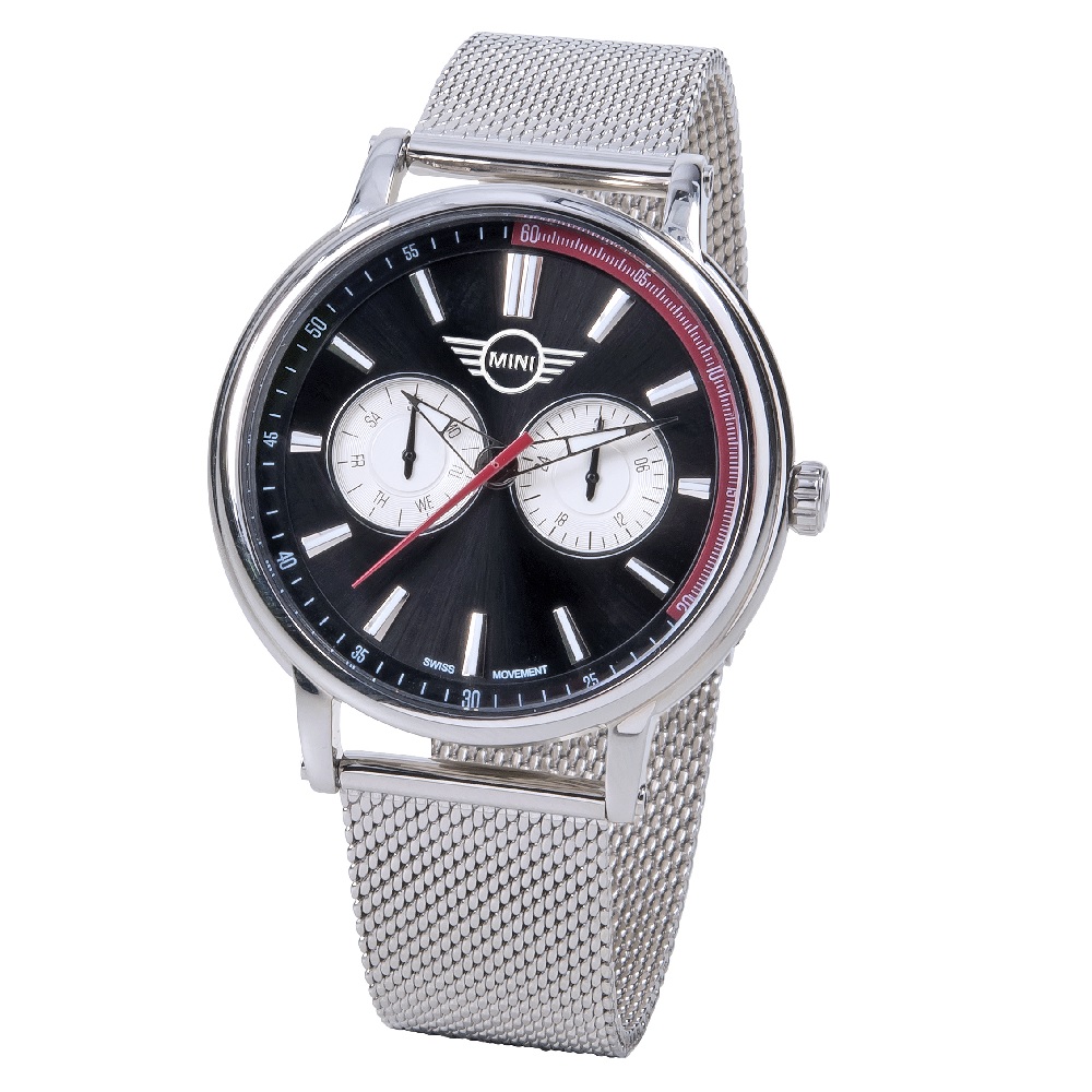 【MINI Swiss Watches 】石英錶 43mm 黑底二眼錶面 銀色網面錶帶
