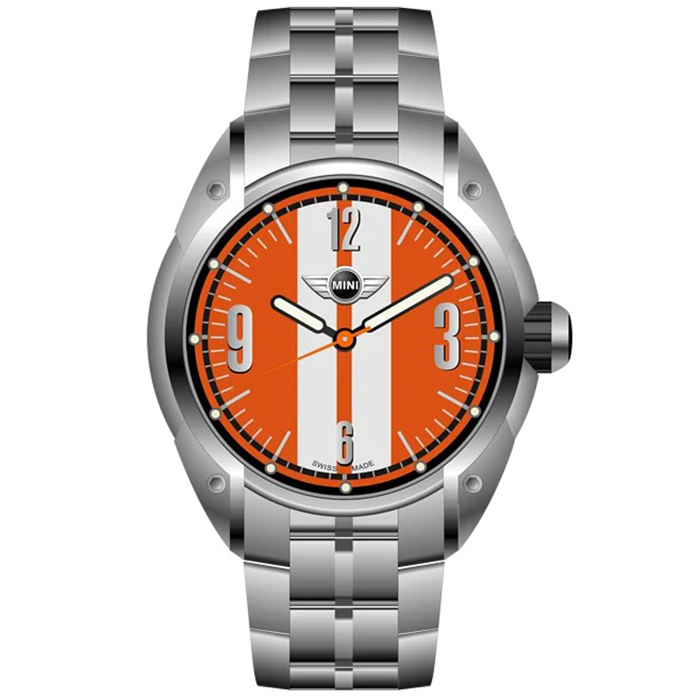 【MINI Swiss Watches 】石英錶 45mm 橘底白條錶面 不銹鋼錶帶
