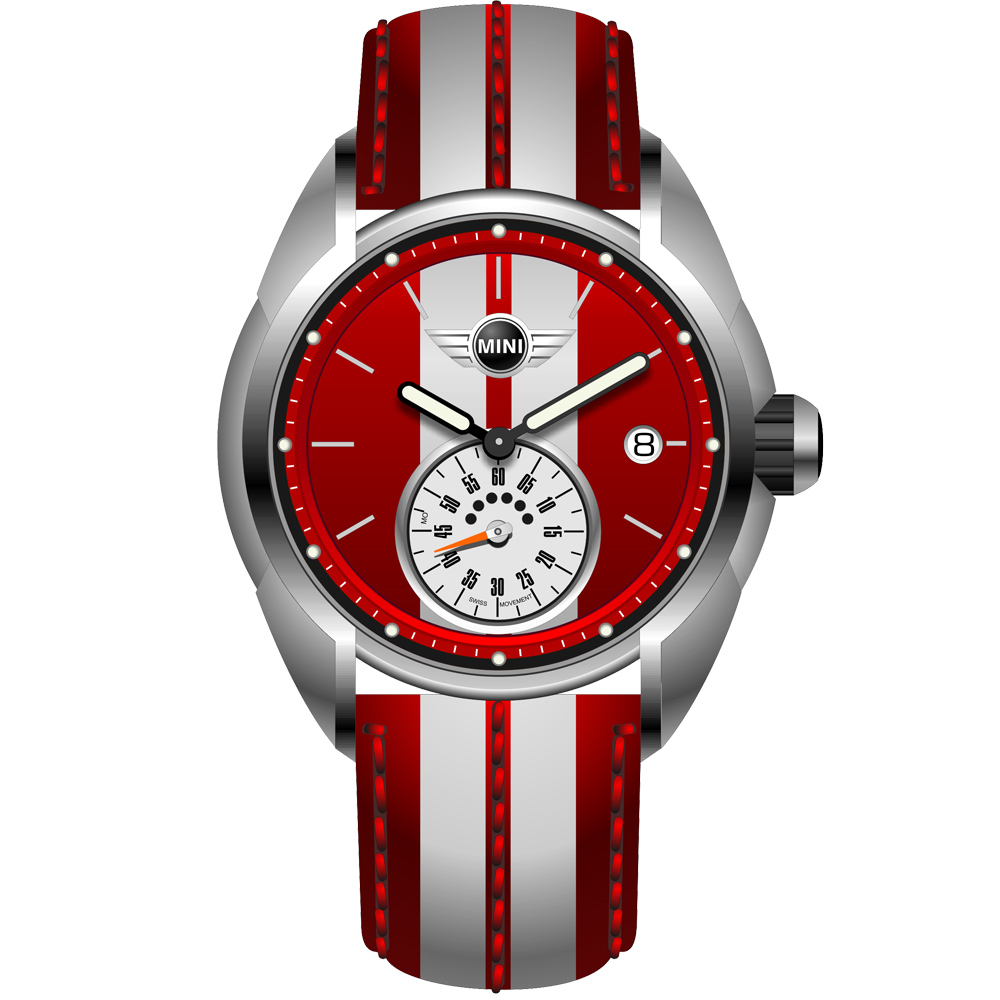 【MINI Swiss Watches 】石英錶 38mm 紅白單眼錶面 紅白條紋真皮錶帶