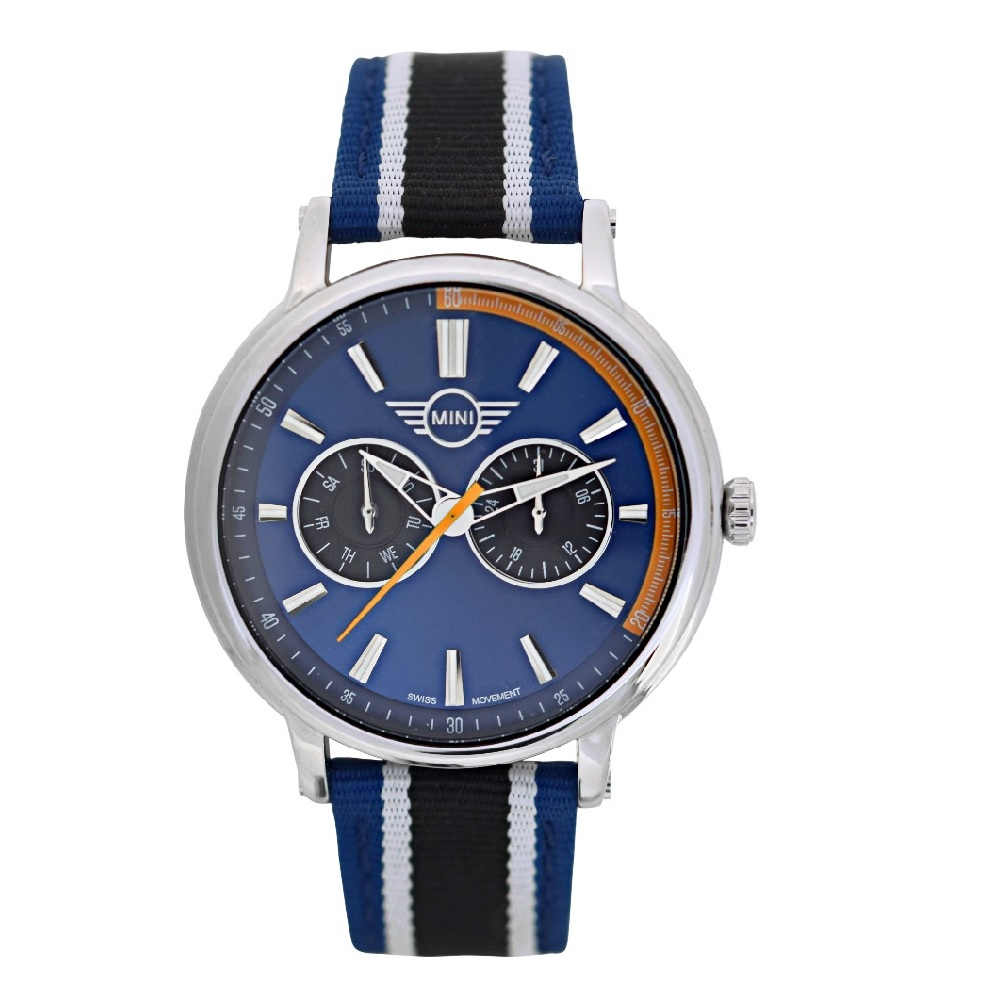 【MINI Swiss Watches 】石英錶 43mm 藍底二眼錶面 藍黑白相間尼龍錶帶