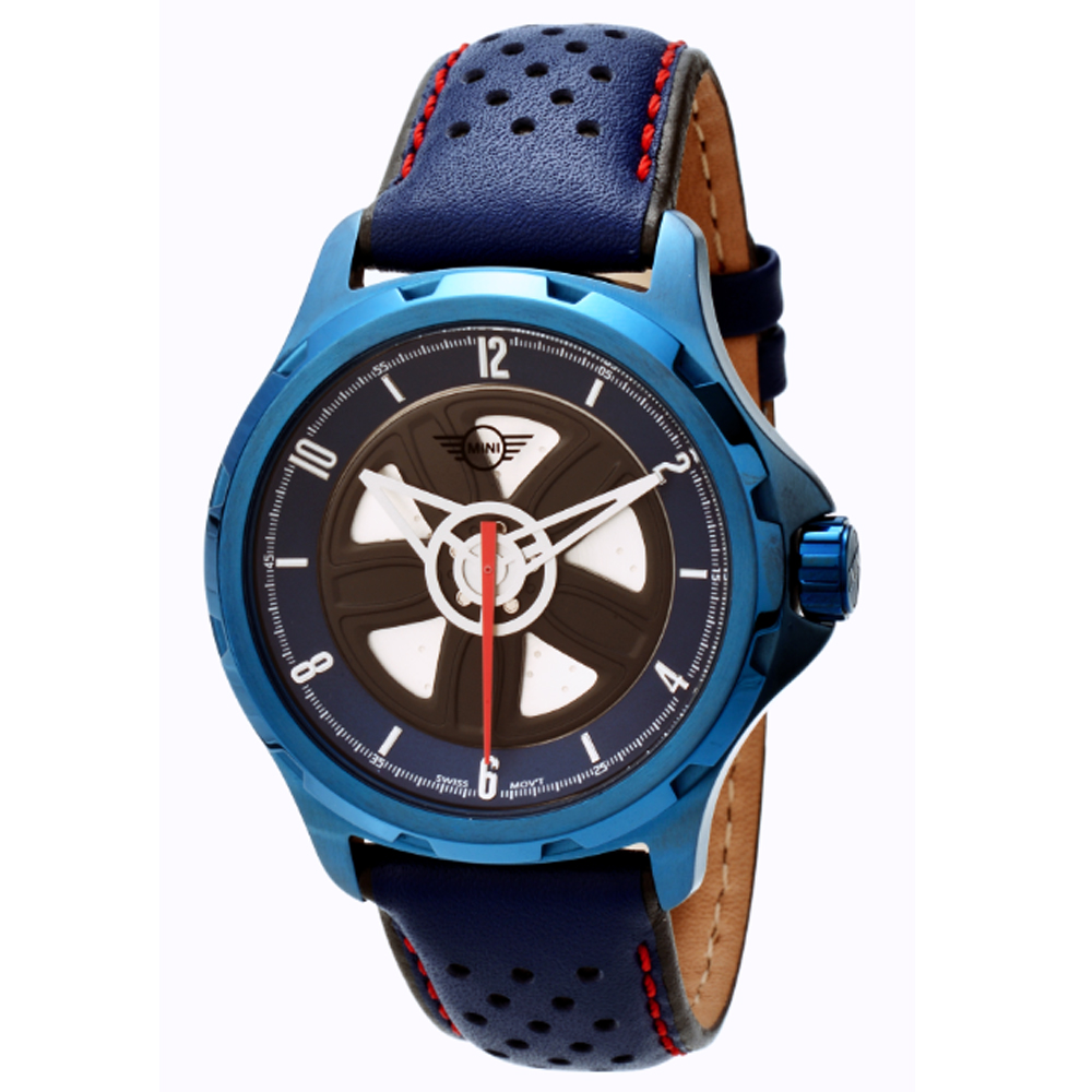 【MINI Swiss Watches 】石英錶 44mm 藍底方向盤錶面 藍色透孔皮錶帶