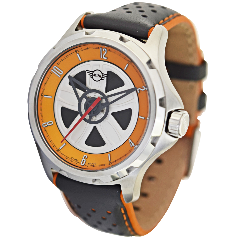 【MINI Swiss Watches 】石英錶 44mm 橘底方向盤錶面 深灰透孔皮錶帶