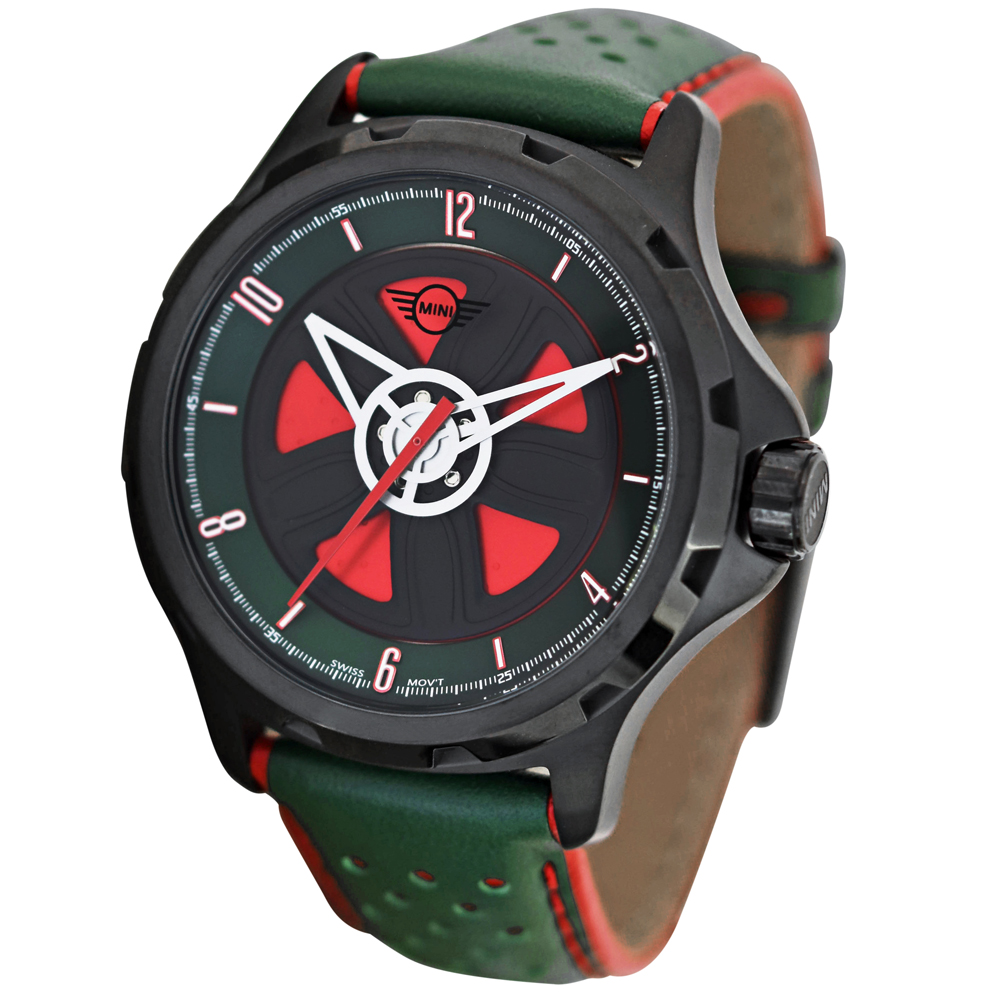 【MINI Swiss Watches 】綠黑底方向盤錶面 綠色透孔皮錶帶