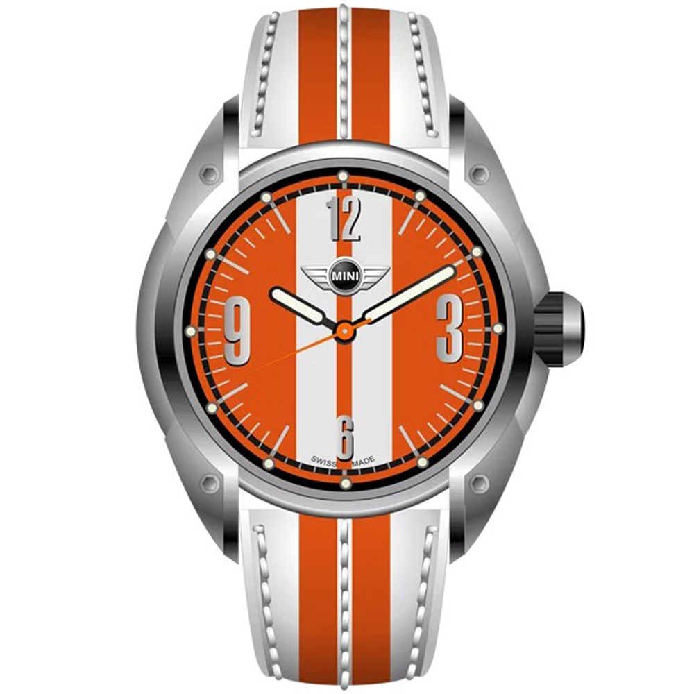 【MINI Swiss Watches 】石英錶 45mm 橘底白條錶面 白橘條真皮錶帶