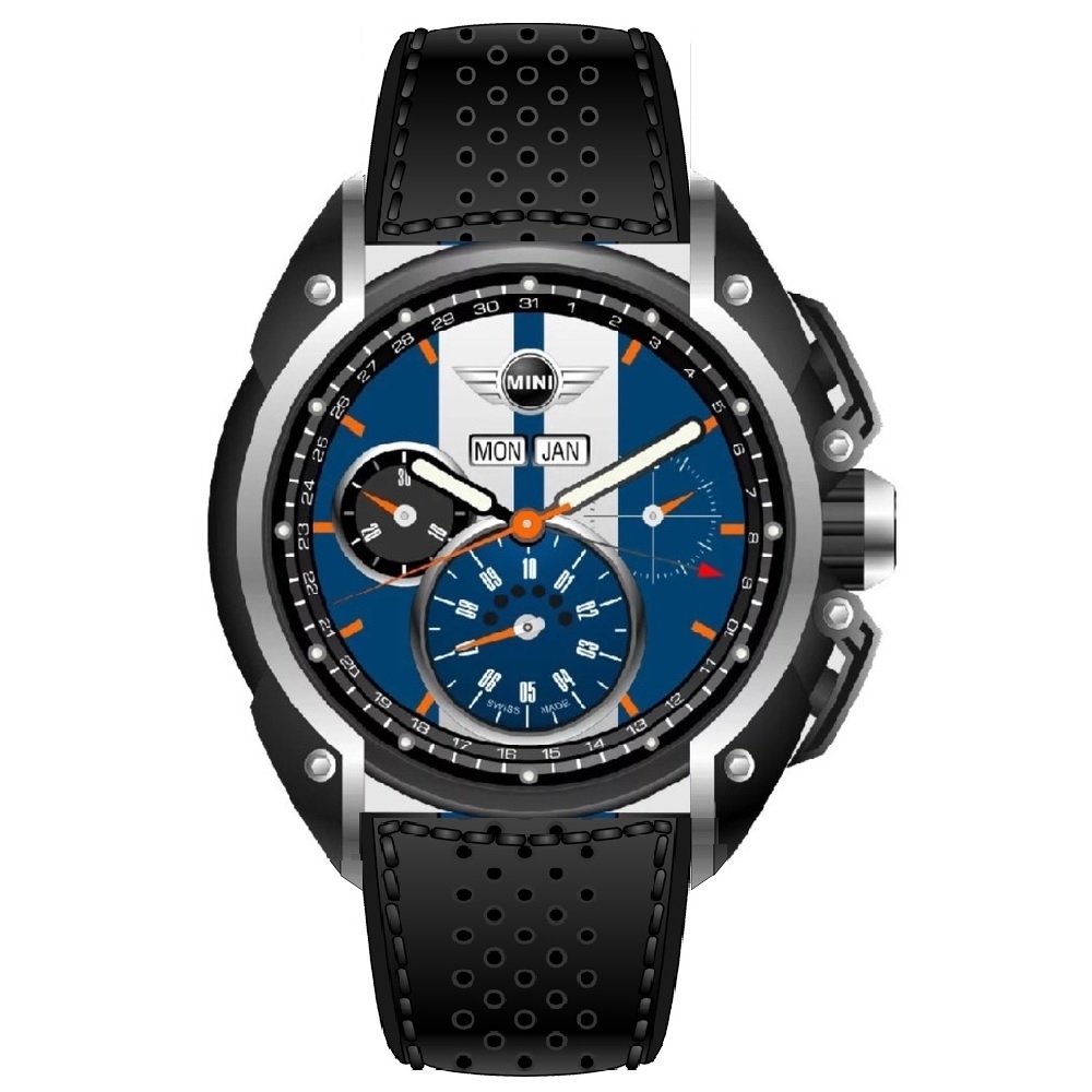 【MINI Swiss Watches 】石英錶 45mm 藍底白條三眼計時 藍黑條真皮錶帶