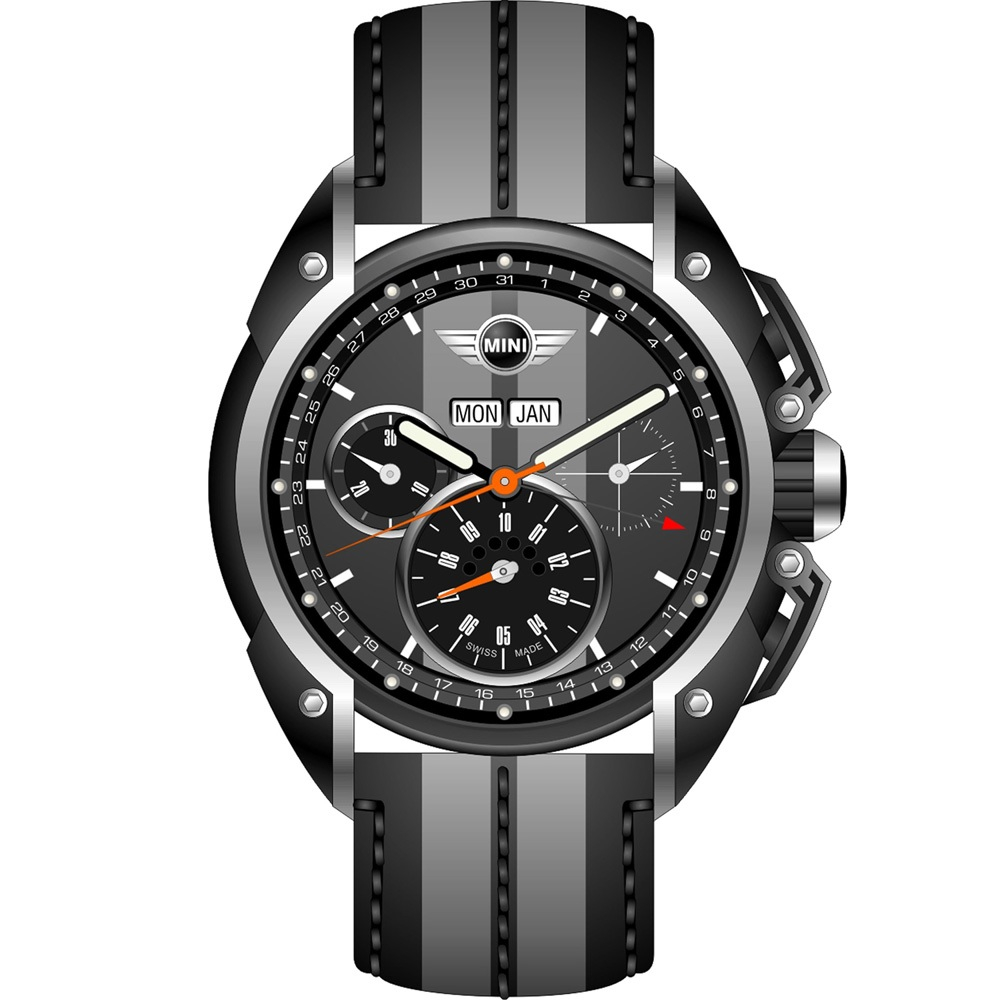 【MINI Swiss Watches 】石英錶 45mm 灰底白條三眼計時 灰黑條真皮錶帶
