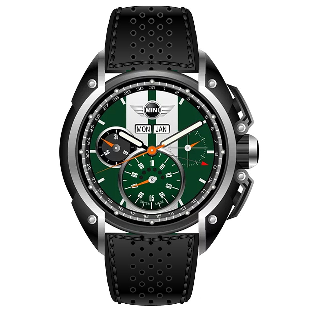 【MINI Swiss Watches 】石英錶 45mm 綠底白條三眼計時 黑色真皮錶帶