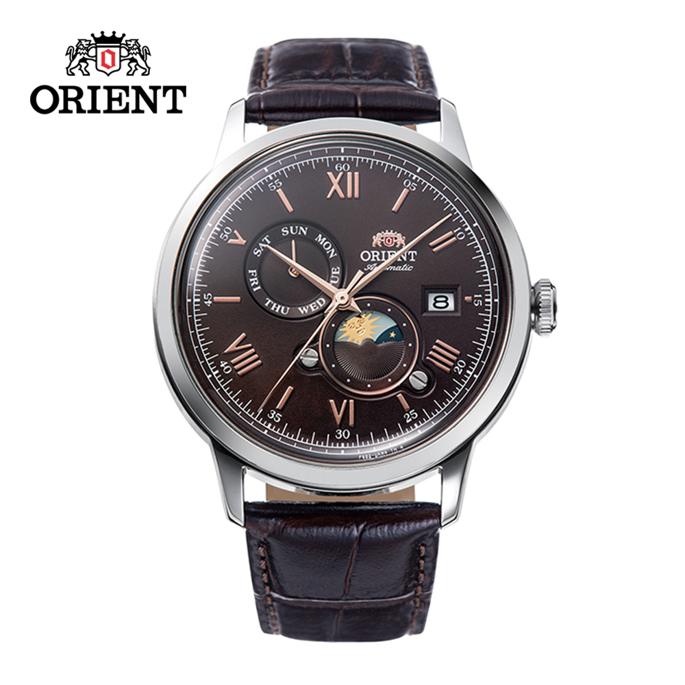 ORIENT 東方錶 SUN&MOON系列 羅馬數字日月相錶 皮帶款 RA-AK0804Y 咖啡色 - 41.5 mm