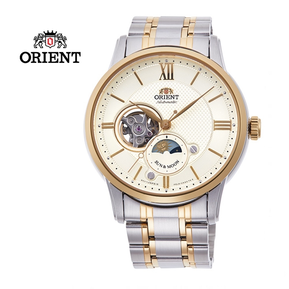ORIENT 東方錶 SUN&MOON系列 半露空日月相錶 鋼帶款 金色 RA-AS0007S-42.0 mm