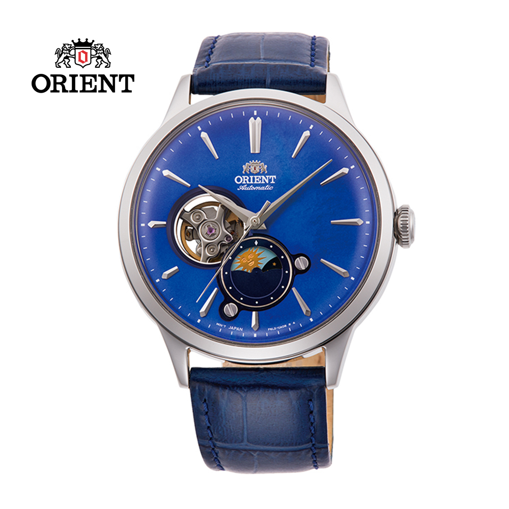ORIENT 東方錶 SUN&MOON系列 半露空日月相錶 皮帶款 藍色 RA-AS0103A-41.5 mm