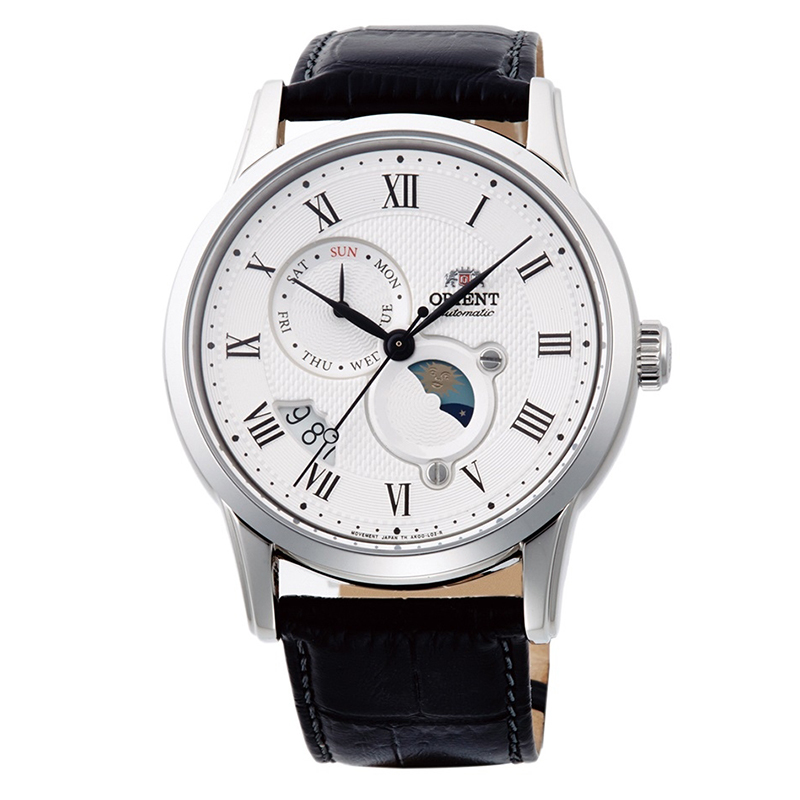 【ORIENT】 東方錶 RA-AK0008S 羅馬字 藍寶石鏡面 皮錶帶 日月相 機械男錶 白 42mm