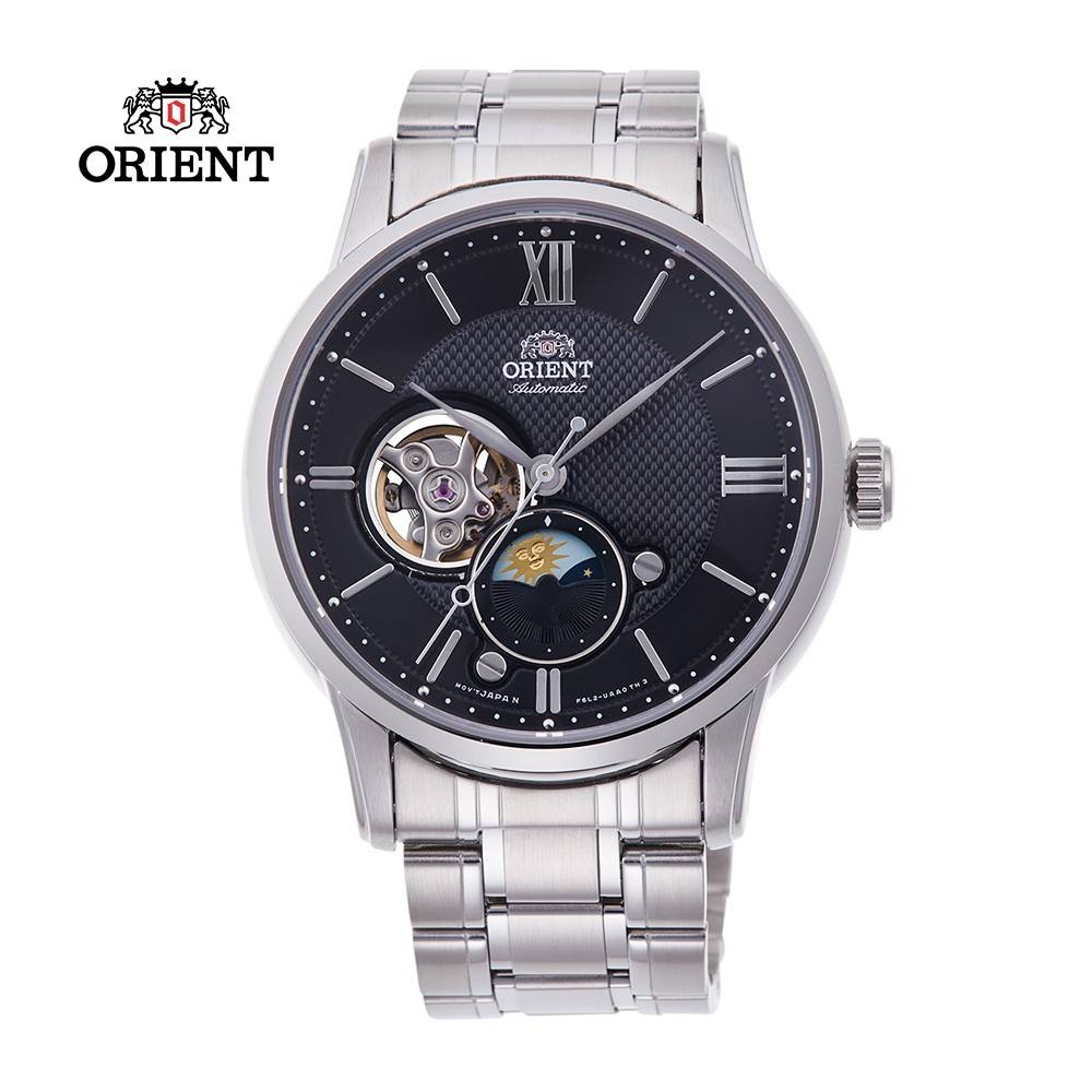 ORIENT 東方錶 SUN&MOON系列 半露空日月相錶 鋼帶款 黑色 RA-AS0008B - 42.0 mm