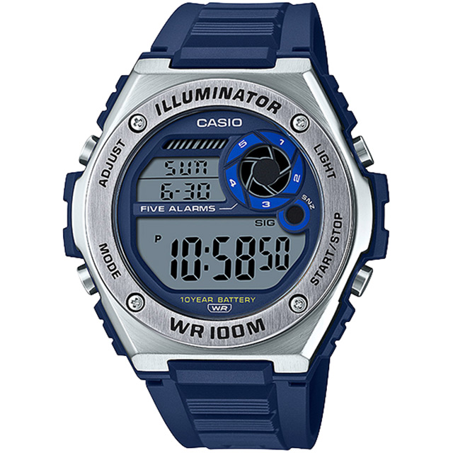 CASIO 卡西歐 10年電力金屬風計時手錶-藍 MWD-100H-2A