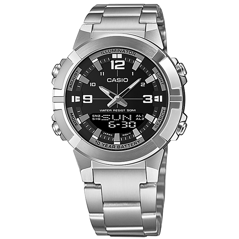 CASIO / AMW-870D-1A / 卡西歐 粗曠雙顯 世界時間 計時碼錶 不鏽鋼手錶 黑色 44mm
