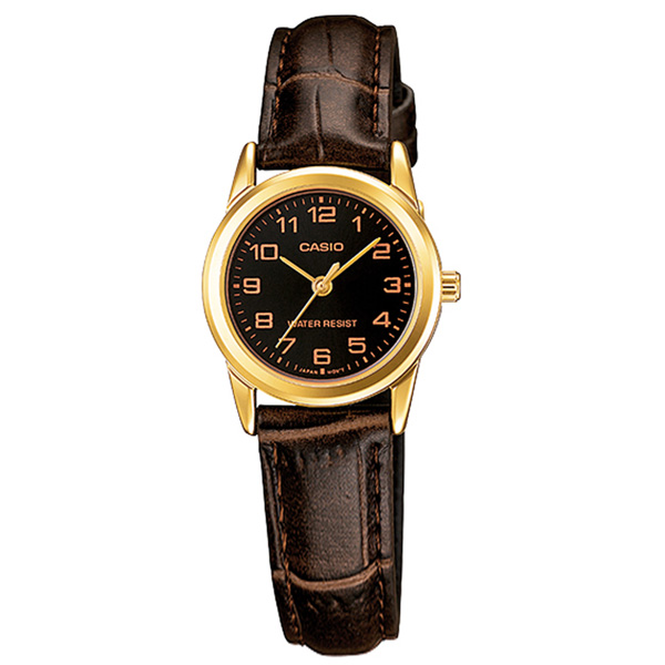 CASIO / LTP-V001GL-1B / 卡西歐 典雅 數字刻度 壓紋皮革手錶 黑x金框x深褐 25mm