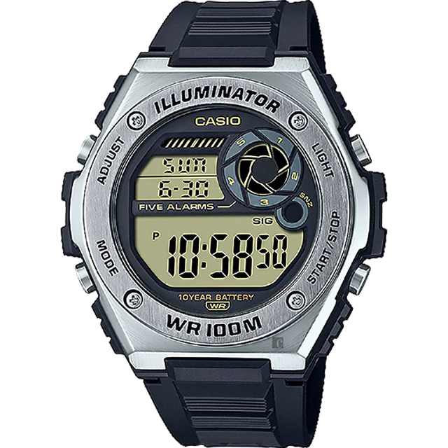 CASIO 卡西歐 10年電力金屬風計時手錶-黑 MWD-100H-9A