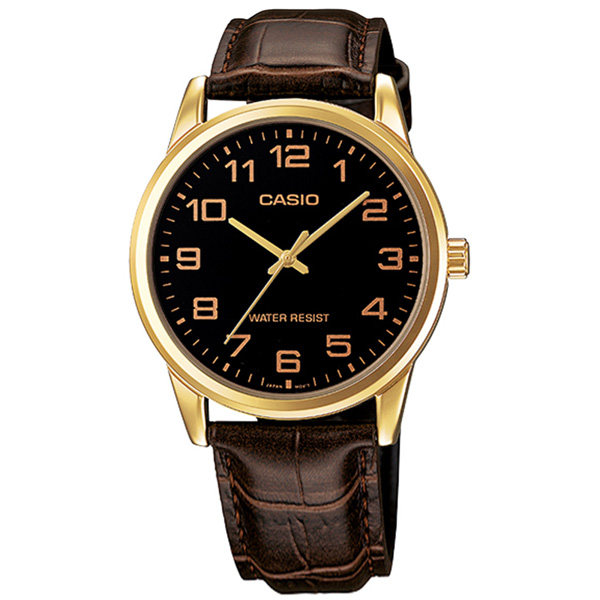 CASIO / MTP-V001GL-1B / 卡西歐 簡約紳士 數字刻度 壓紋皮革手錶 黑x金框x深褐 38mm