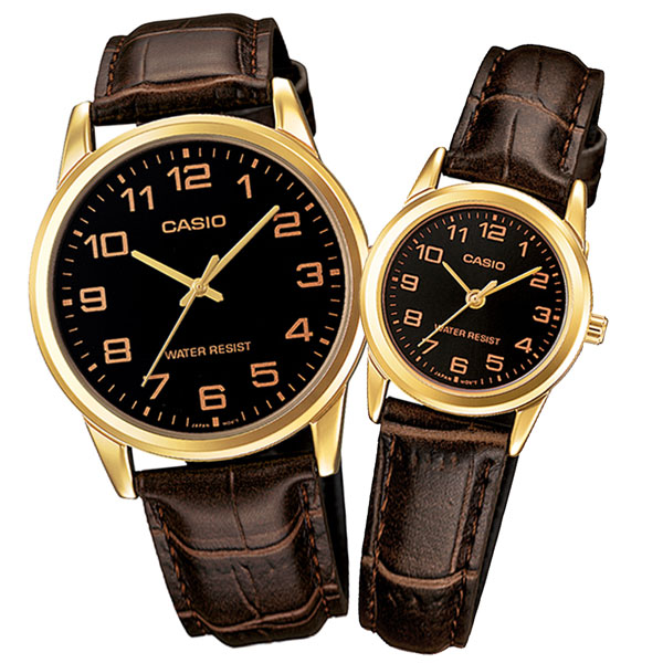 CASIO / 卡西歐 簡約時尚 數字刻度 壓紋皮革手錶 情侶對錶 黑x金框x深褐 38mm+25mm