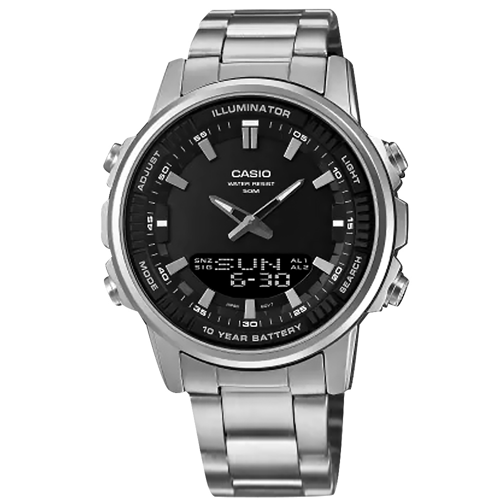 CASIO / AMW-880D-1AV / 卡西歐 運動潮流 雙顯 世界時間 計時碼錶 不鏽鋼手錶 黑色 47mm