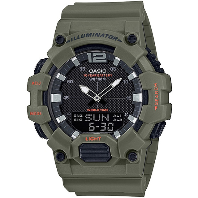 【CASIO 卡西歐】軍事風雙顯運動橡膠腕錶/軍綠x黑面(HDC-700-3A2VDF)