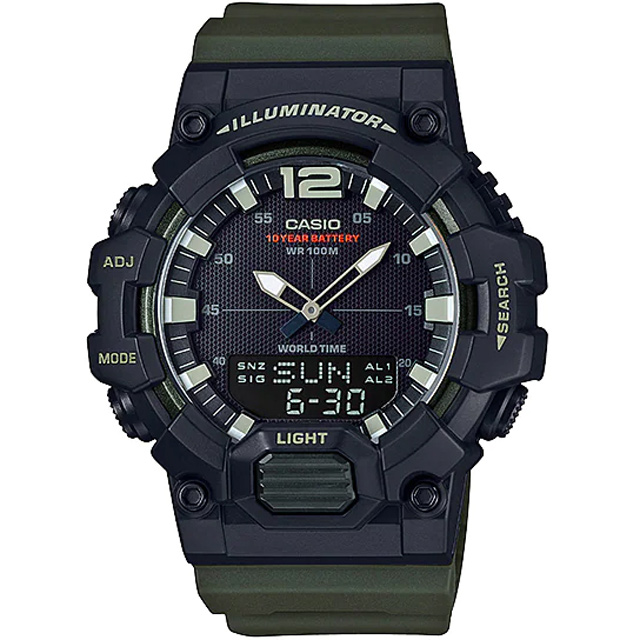 【CASIO 卡西歐】玩轉城市十年電力雙顯腕錶/黑x軍綠(HDC-700-3AVDF)