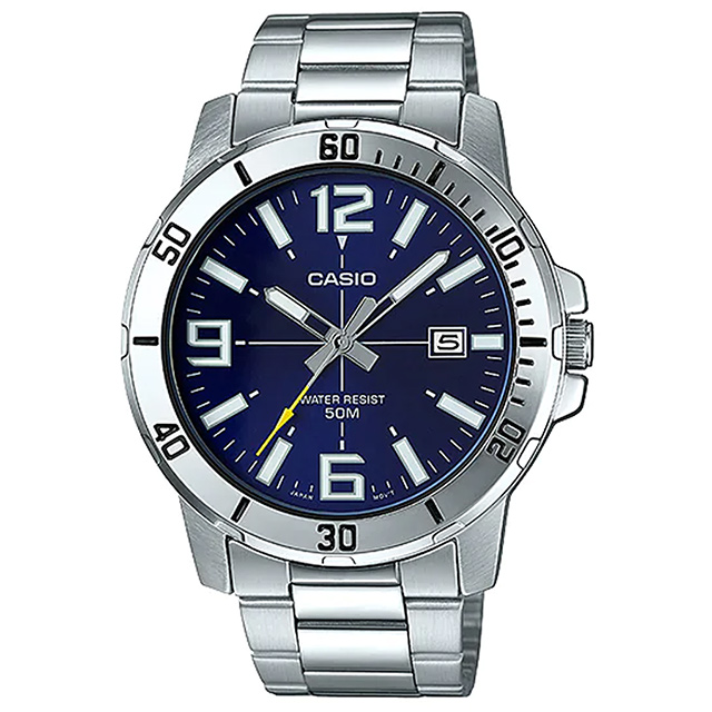 【CASIO 卡西歐】極致經典大三針不鏽鋼腕錶/銀x藍面(MTP-VD01D-2BVUDF)
