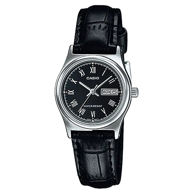 【CASIO 卡西歐】沉穩魅力三針皮革腕錶/黑x銀框(LTP-V006L-1BUDF)