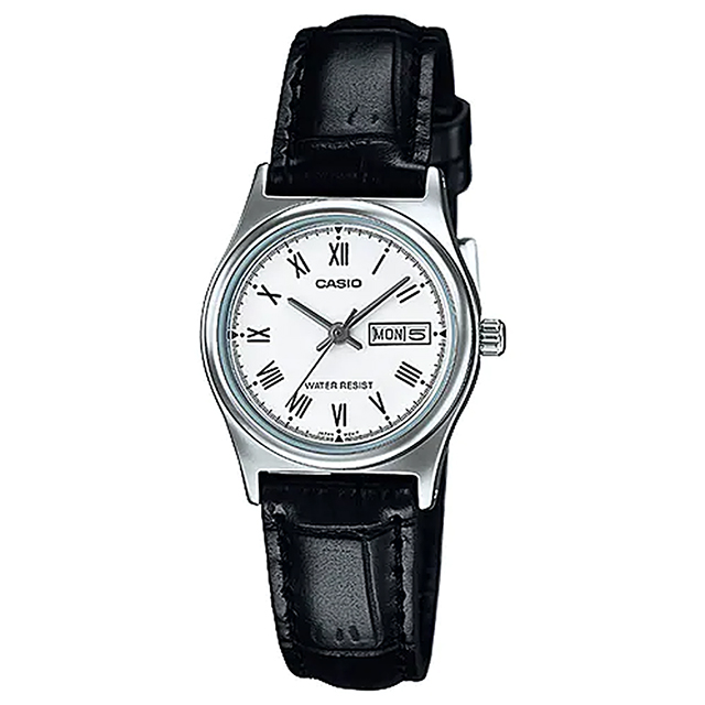 【CASIO 卡西歐】沉穩魅力三針皮革腕錶/黑x白面(LTP-V006L-7BUDF)