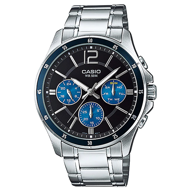 【CASIO 卡西歐】爵士型男三眼不鏽鋼腕錶/銀x藍面(MTP-1374D-2AVDF)
