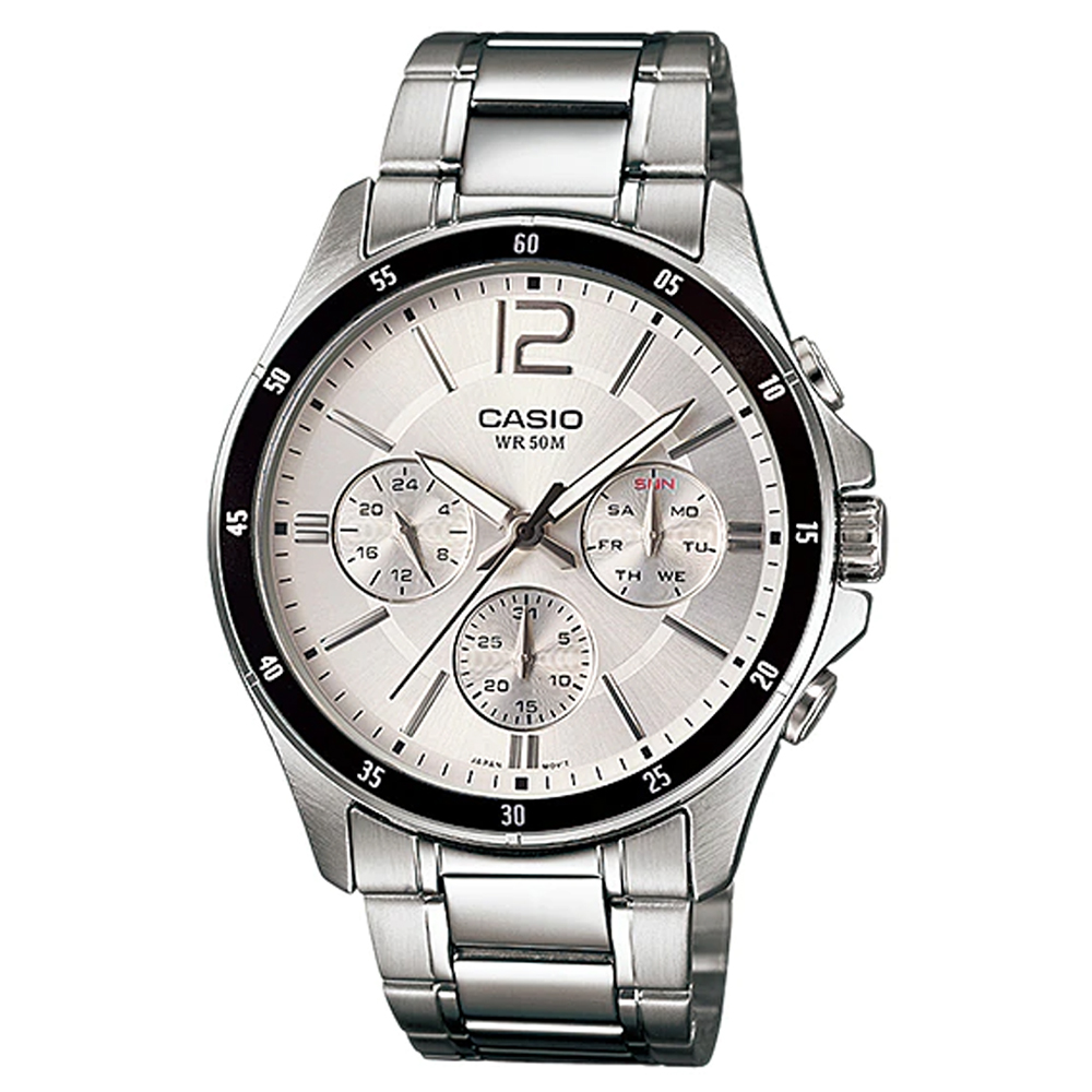 【CASIO 卡西歐】爵士型男三眼不鏽鋼腕錶/銀x黑框(MTP-1374D-7AVDF)