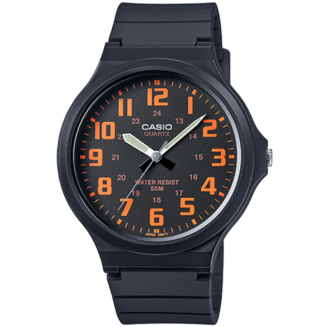 【CASIO 卡西歐】簡約指針設計時尚錶-黑x橘數字(MW-240-4BVDF)