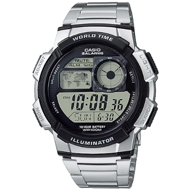 【CASIO 卡西歐】世界時間數位電子錶/銀x黑面(AE-1000WD-1AVDF)