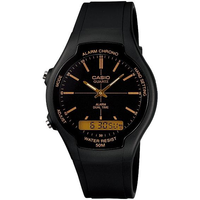 【CASIO 卡西歐】復古簡約潮流雙顯錶/黑x金(AW-90H-9EVDF)