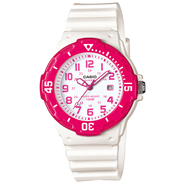 【CASIO 卡西歐】亮眼魅力潛水風運動腕錶/白x粉紅框(LRW-200H-4BVDF)